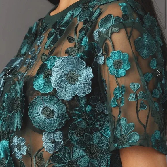 NWOT Anthropologie Dolan Left Coast Flower Appliqué Sheer Tee in Turquoise - Picture 3 of 4